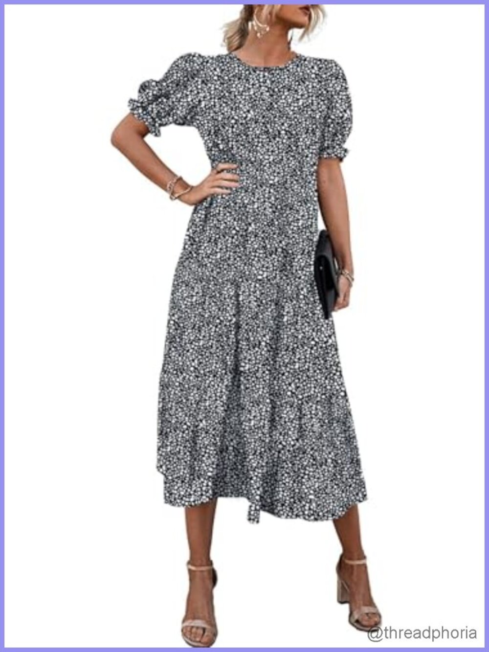 Women's Floral Print Midi Dress with Puff Short Sleeves A-Line Swing